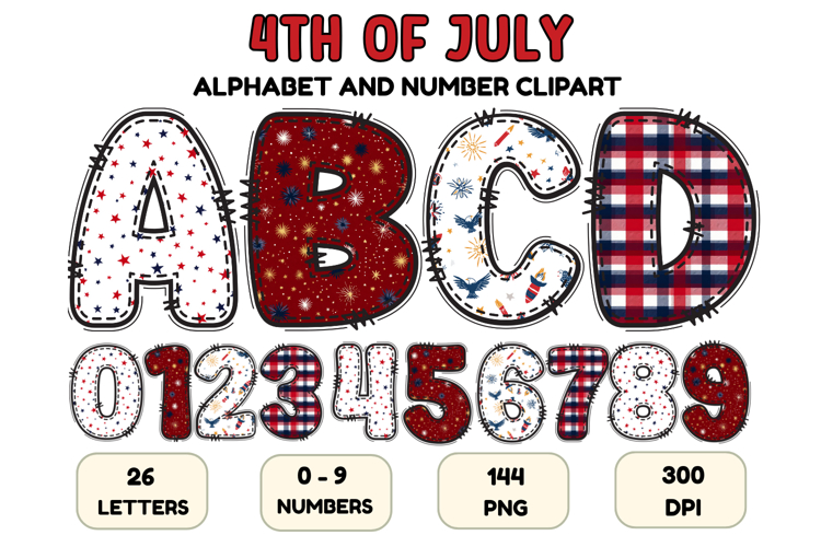4th July Alphabet png clipart, independence letters doodle
