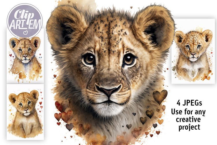 Realistic Watercolor Baby Lion 4 JPEG images Wall Art Bundle