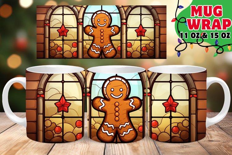 Gingerbread Man Holiday Stained Glass 11oz 15oz Mug Wrap example image 1