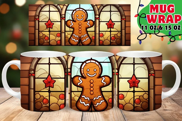 Gingerbread Man Holiday Stained Glass 11oz 15oz Mug Wrap