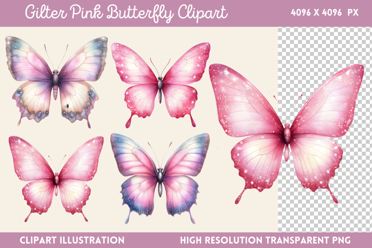 Gilter Pink Butterfly Clipart PNG