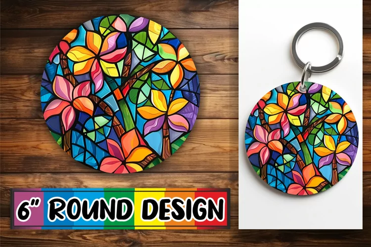 Round Design Colorful Stained Glass Tree Keychain Art