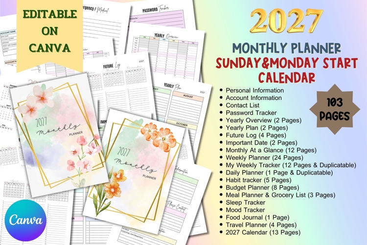 2027 Monthly Planner - Editable Planner
