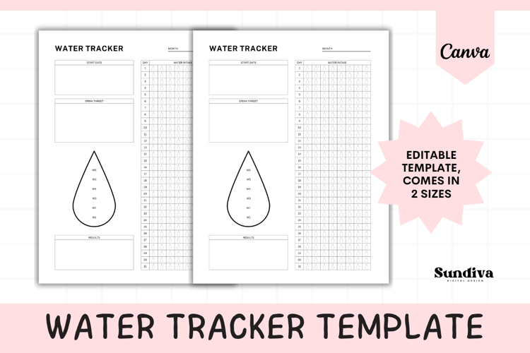 Water Tracker Editable Template 1 | Progress Drop & Results