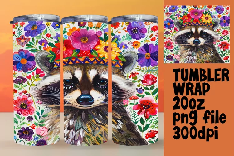 Tumbler Wrap Sublimation: Raccoon & Vibrant Flowers