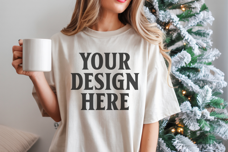White Comfort Colors 1717 Christmas Shirt Mockup, Cozy