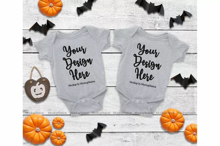 Halloween Baby Grey Bodysuit Mockup, Matching Toddler Tee
