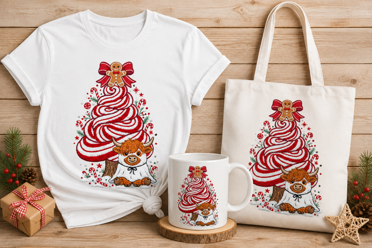 Chenille Peppermint Tree Ghost Cow Christmas Art Print