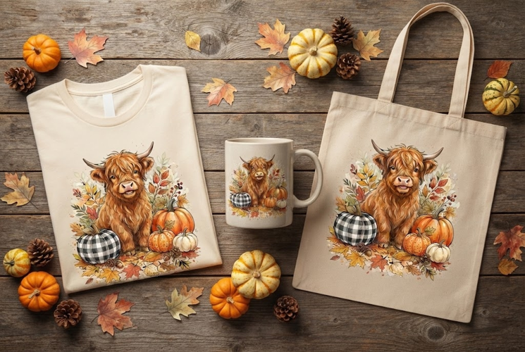 Fluffy Highland Cow Buffalo Plaid Pumpkin Fall Art