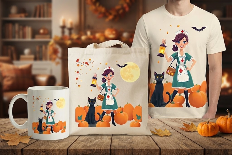 Halloween Nurse PNG with Black Cat, Lantern & Pumpkins