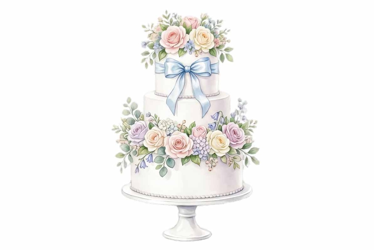 Watercolor celebration cake with pink frosting, fresh flower