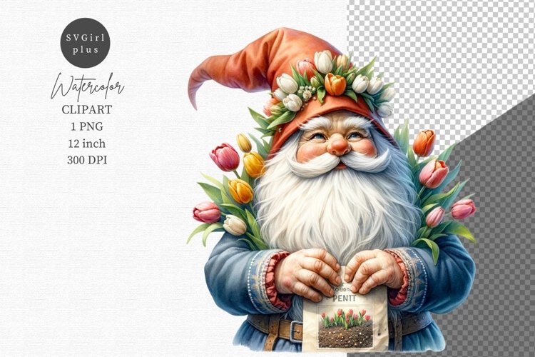 Spring gnome clipart, Tulip clipart, Watercolor clipart example image 1