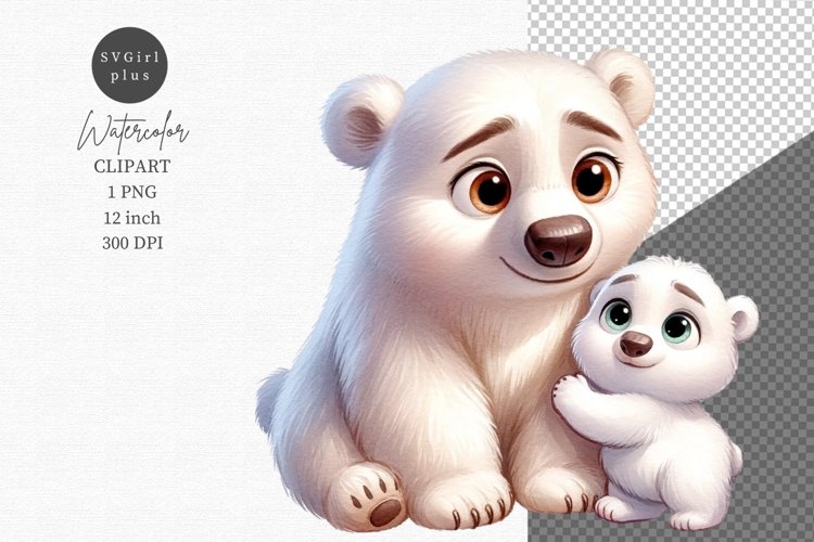 Polar bear and mom, Love clipart, Watercolor clipart example image 1