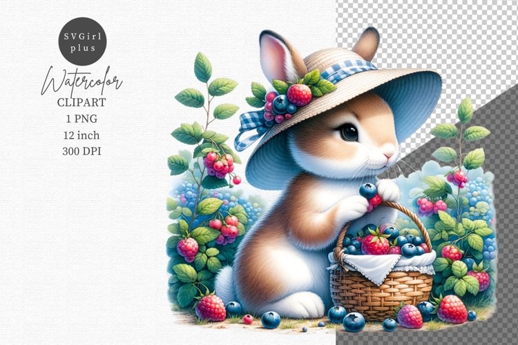 Bunny picking berry clipart, Bunny clipart,