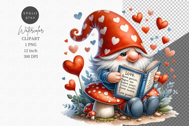 Gnome reading love book, Spring clipart, Love clipart example image 1