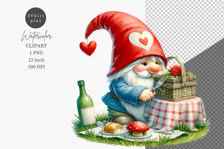 Gnome on picnic, Gnome clipart, Valentines Day. example image 1