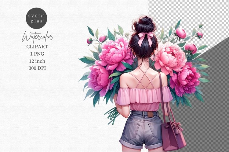 Spring clipart, Girl with flowers clipart,