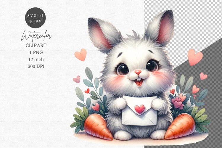 Bunny with love letter clipart, Valentines Day, Watercolor