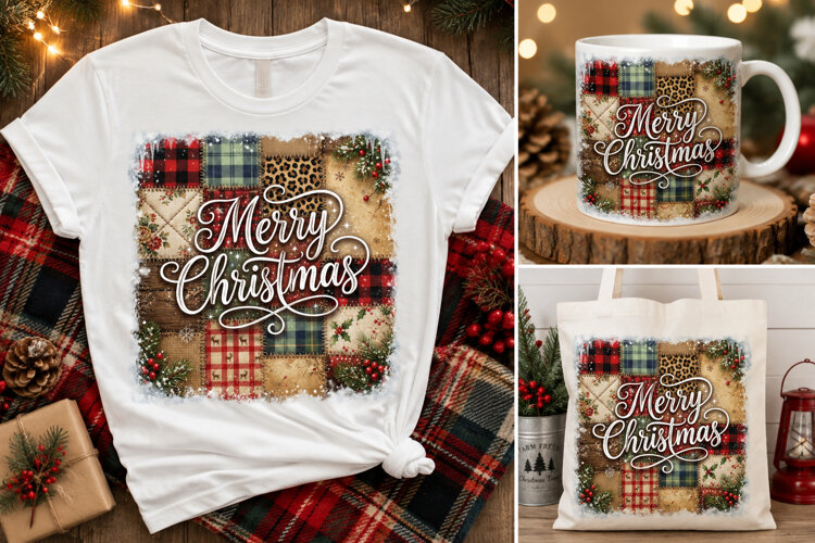 Merry Christmas Patchwork PNG | Rustic Farmhouse Holiday example image 1