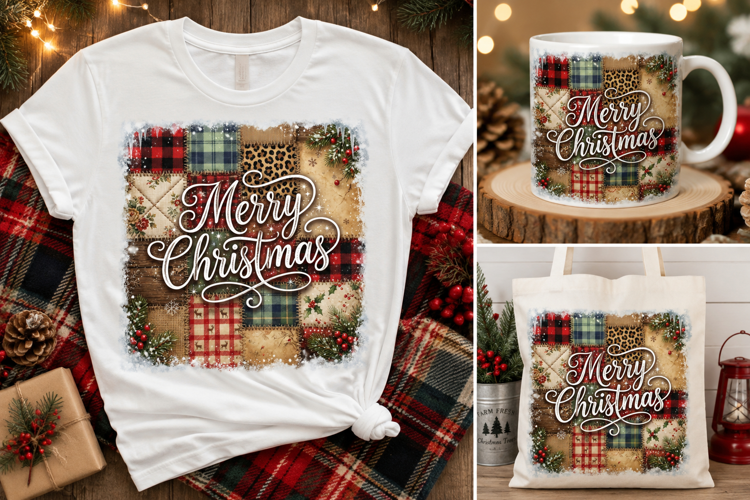 Merry Christmas Patchwork PNG | Rustic Farmhouse Holiday