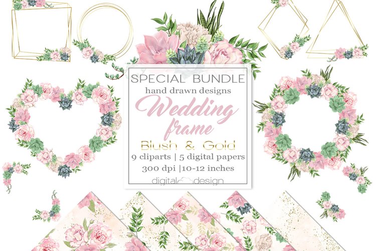Wedding Frame Blush and Gold - Clipart and digital paper example image 1