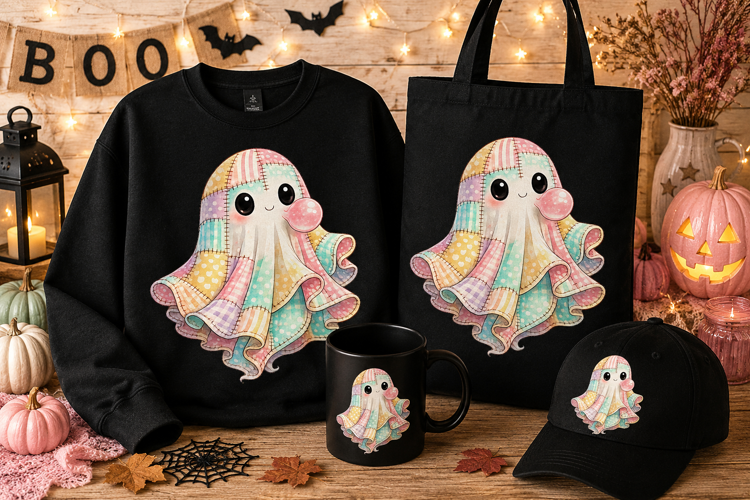 Pastel Patchwork Ghost PNG | Cute Kawaii Halloween Sublimati