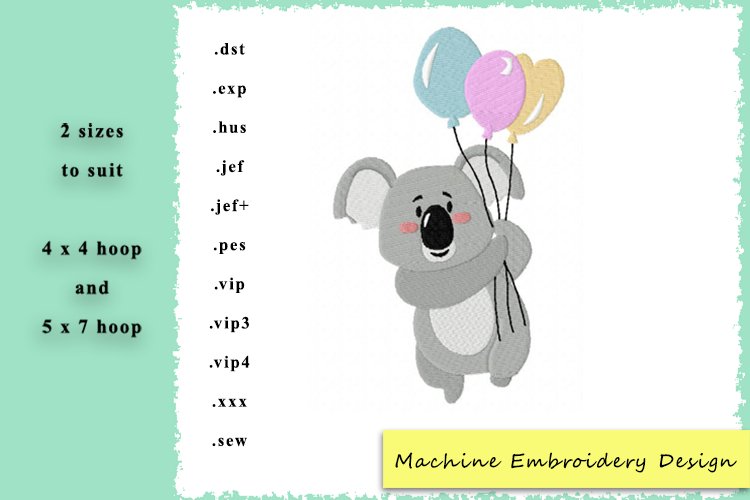 Koala with Balloons Machine Embroidery Design example image 1