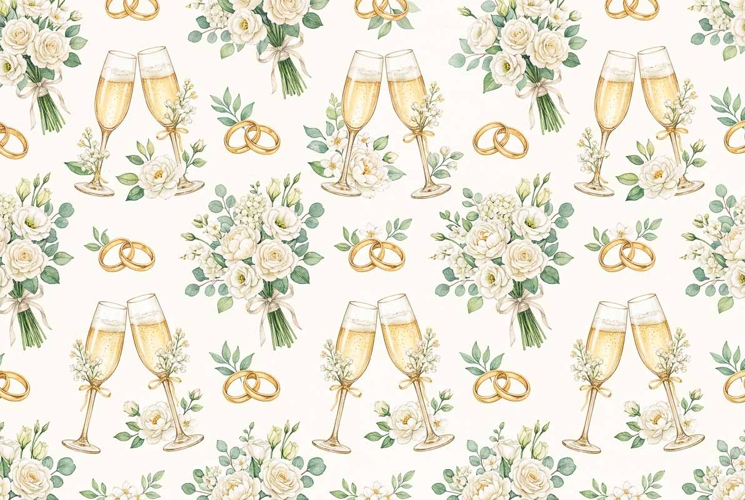 Watercolor seamless pattern with champagne glasses gold ring