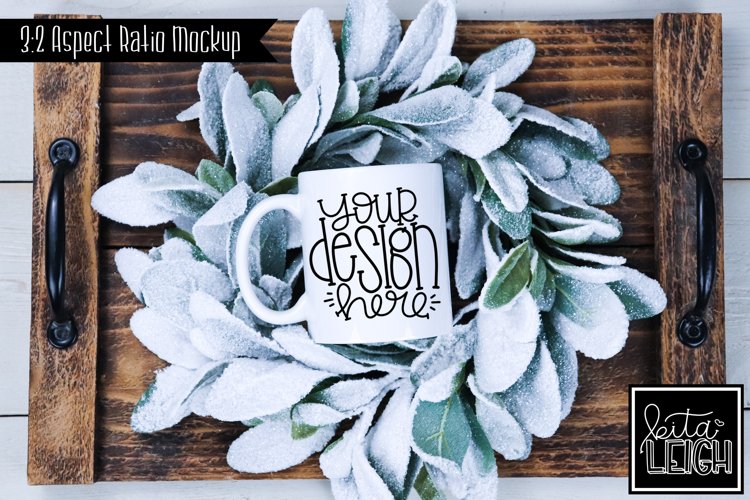 11 oz Mug Mockup with Snowy Wreath on Tray | Stylized Photo example image 1