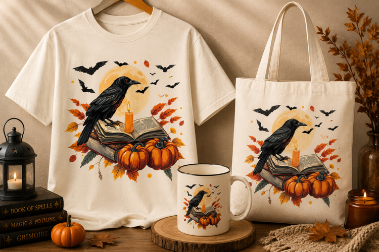 Halloween Raven PNG | Spooky Crow with Books & Pumpkins