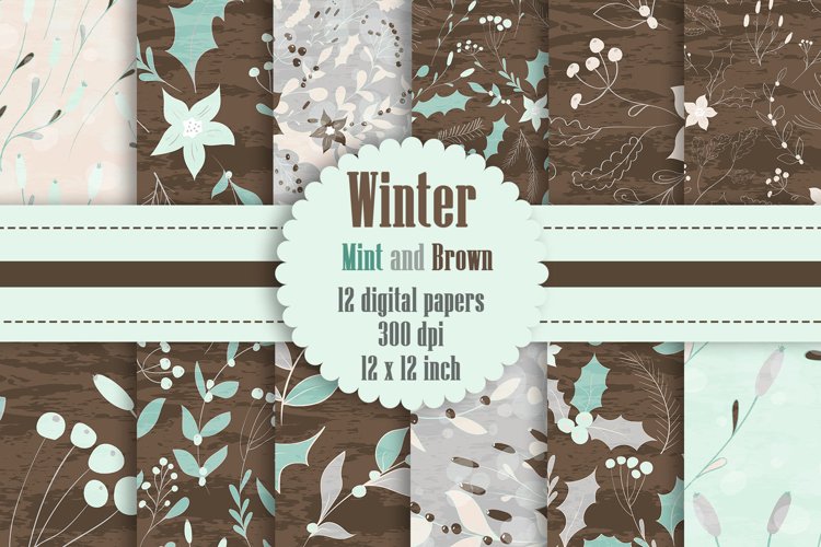 12 Winter Floral Digital Papers in Mint and Brown Color example image 1