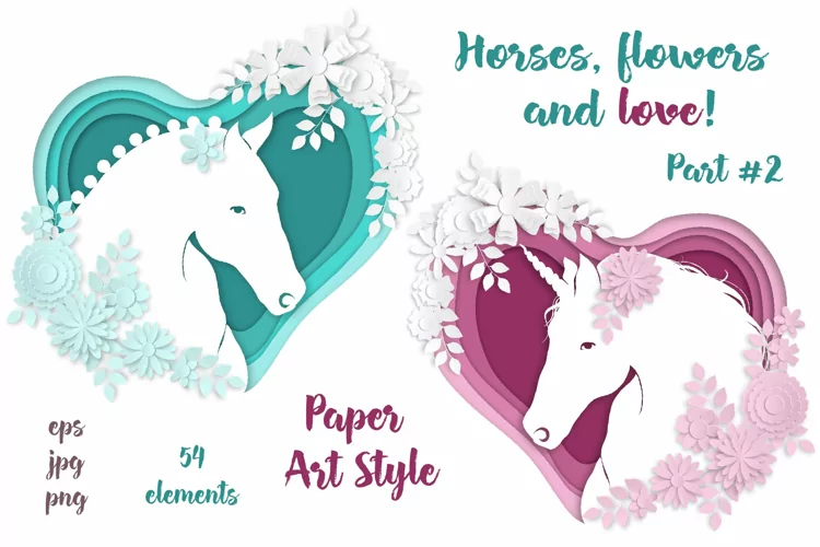 Horses, flowers & love (part #2)– Vector Paper Art Style