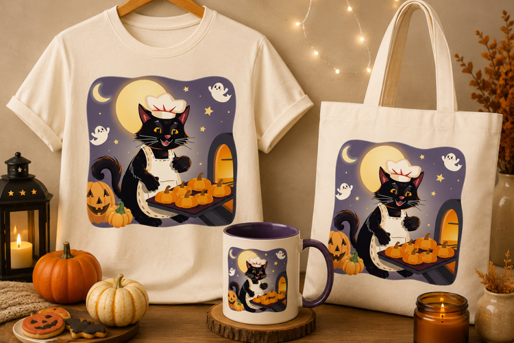 Halloween Black Cat Baker PNG | Cute Pumpkin Baking Design