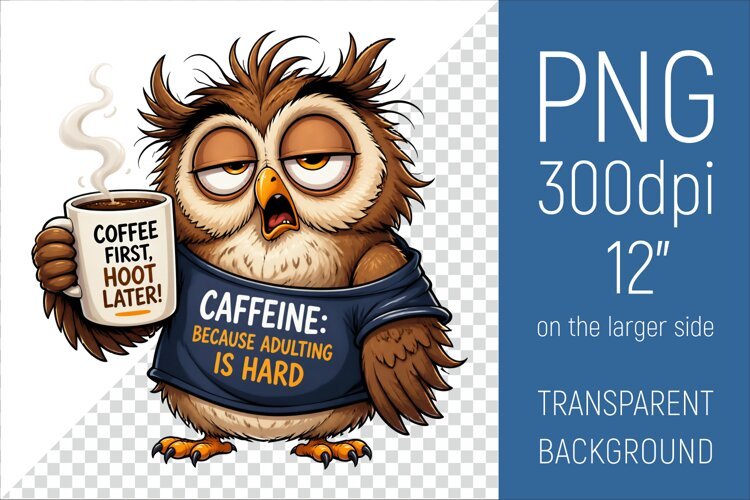 Funny Morning Coffee Owl |Cute Coffee Lover Clipart example image 1