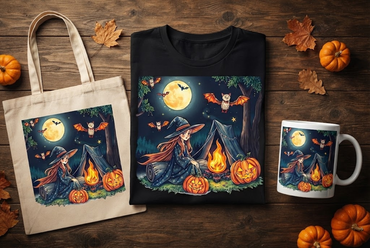 Cute Witch Camping Halloween Design with Campfire and Bats