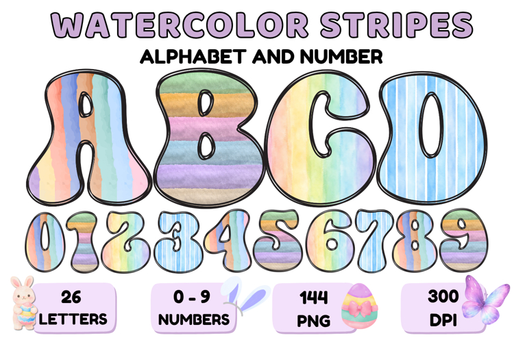 Watercolor Stripes Doodle Alphabet PNG Retro Letters 300 DPI