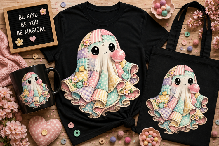Floral Patchwork Ghost PNG | Cute Kawaii Halloween Sublimati
