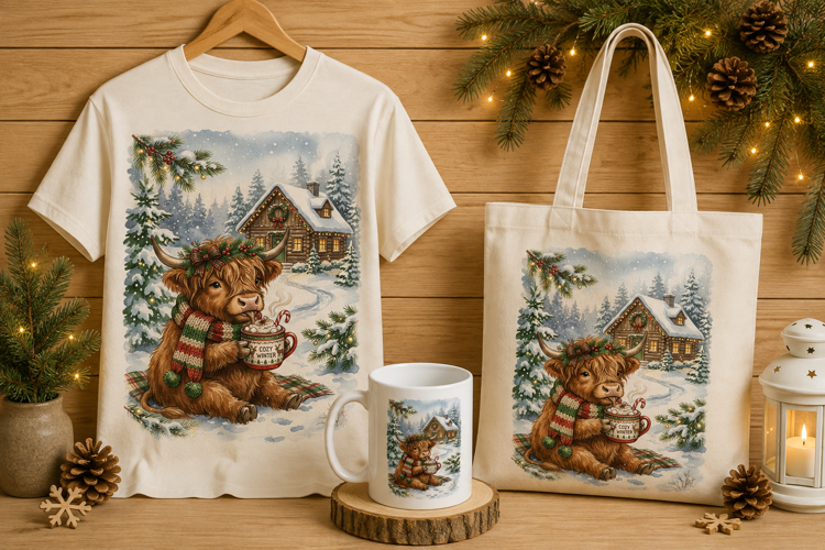 Highland Cow Drinking Cocoa Winter Watercolor Art Print