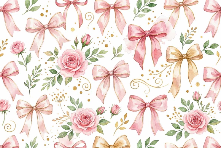 Watercolor ribbon bow and flower pattern