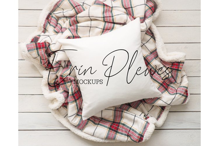 Pillow Mockup | Farmhouse Red Plaid Blanket Pillow Mock Up example image 1