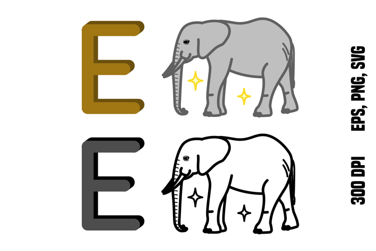 Letter E and Elephant. Color and Line Vector
