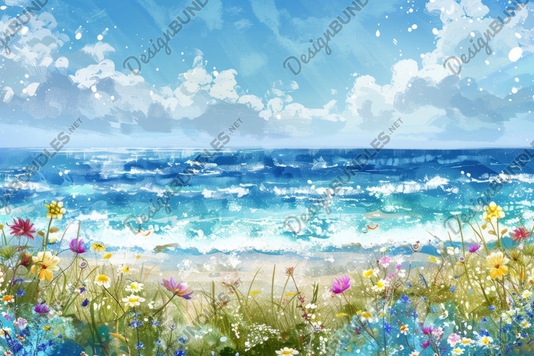Painting of a Beach Scene with Flowers and a Blue Sky