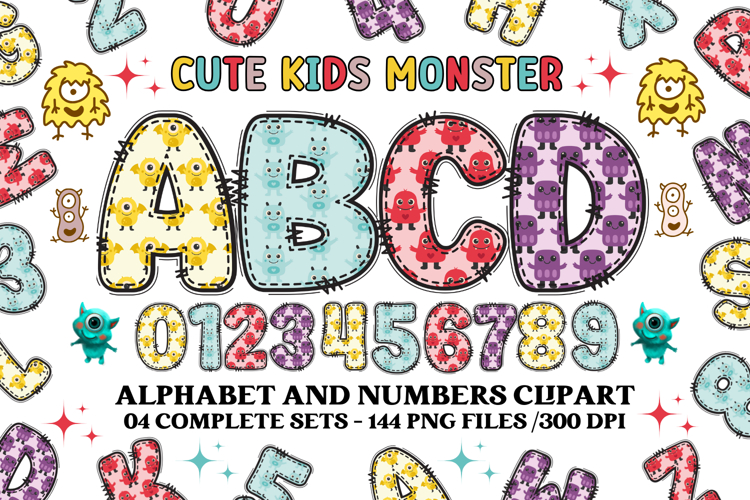 Cute Kids Monster Alphabet & Numbers doodle PNG Clipart