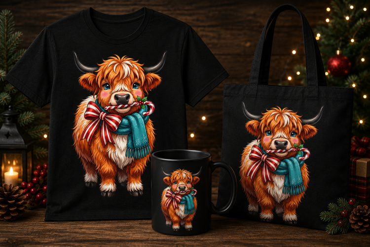 Cute Highland Cow Candy Cane Christmas PNG Winter Holiday