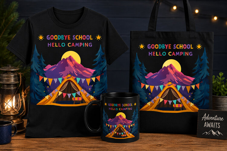 Goodbye School Hello Camping PNG, Summer Camp Teacher Design example image 1