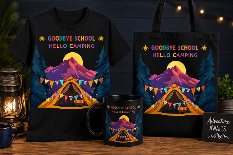 Goodbye School Hello Camping PNG, Summer Camp Teacher Design