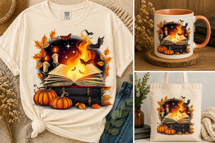 Halloween Magic Book PNG | Fiery Spellbook with Bats & Leave