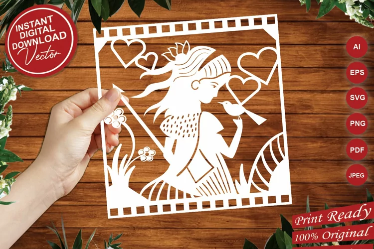 Girl Holding Bird with Hearts Frame Papercut Template