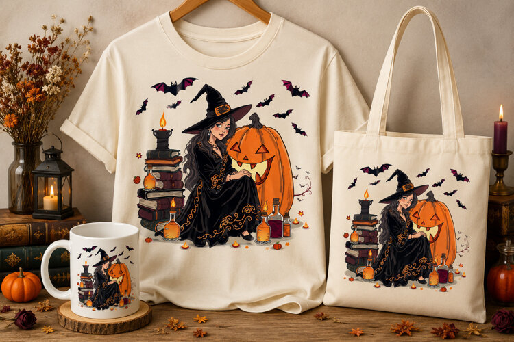 Halloween Witch PNG | Gothic Witch, Pumpkin & Bats example image 1