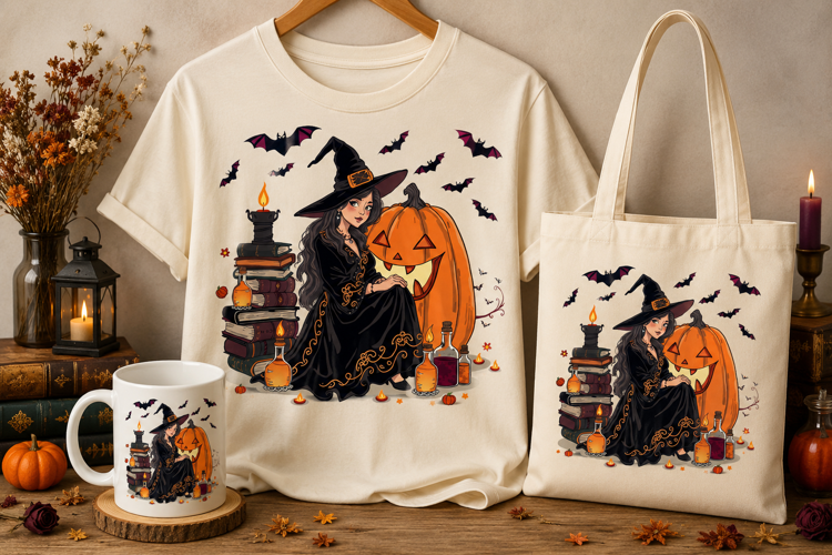 Halloween Witch PNG | Gothic Witch, Pumpkin & Bats